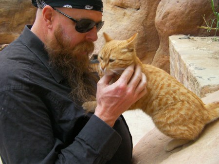 bearded man petting cat