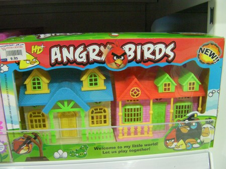 toy houses labeled "angry birds"
