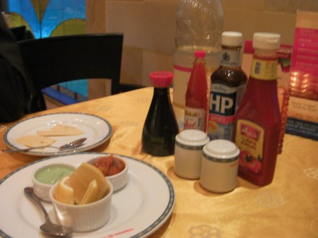 catsup, HP sauce, hot sauce, and soy sauce
