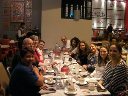ten people at a dinner table
