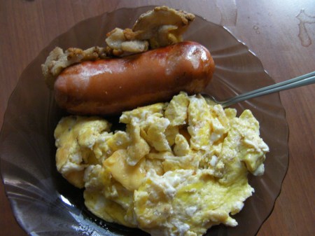 bacon, sausage, scrambled eggs