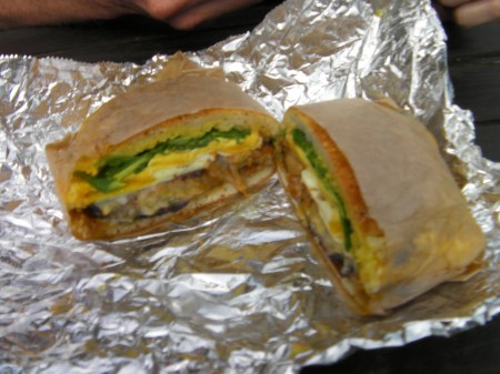 English muffin, egg, arugula, smoked pork