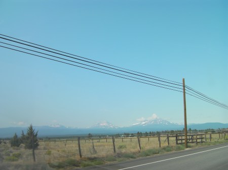 desert pasture with three snow capped mountains in the distance