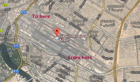 Google map of DXB airport showing point of departure to point of arrival at plane on opposite ends