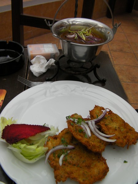 potato pancakes and goulash stew