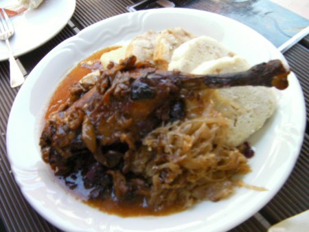 plate with goose leg, cabbage, dumplings