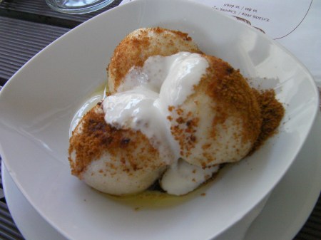 dumplings, plum sauce, cream