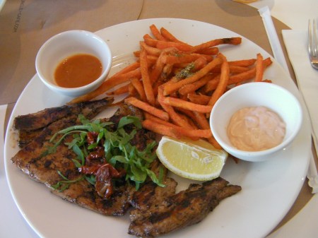 plate of chicken, sweet potato fries