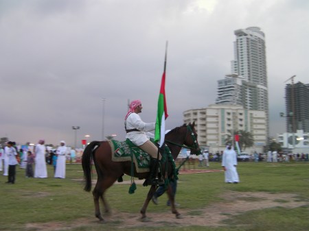 Arab man riding a horse carrying the nation's flag