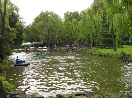 a pond with people in boats like bumper cars