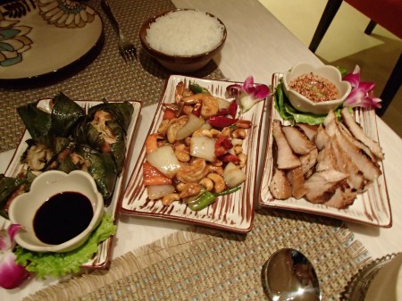 three dishes of meat entrees