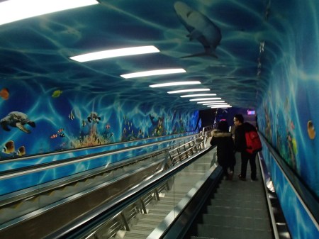 escalator surrounded by ocean theme painting