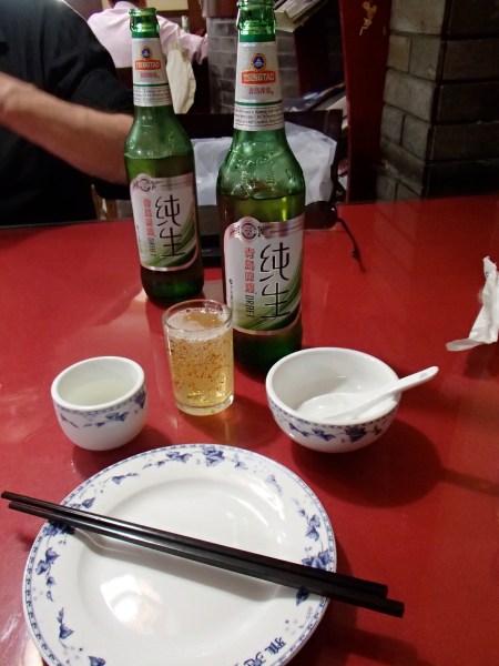 dishes, two beer large bottles