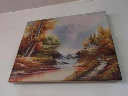 landscape painting of autumn forest and river