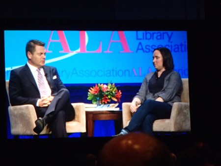 Nick Offerman and Sarah Vowell sitting on stage