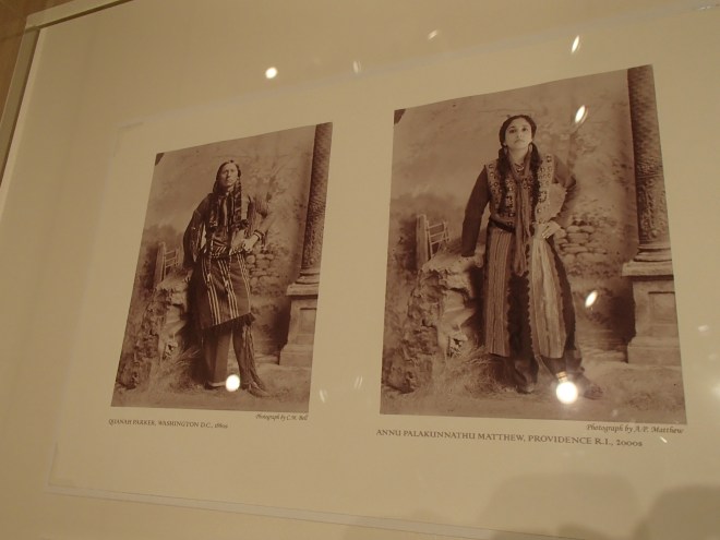 two pictures, an antique picture of a Native American man, a recreation of the photo showing an Indian woman
