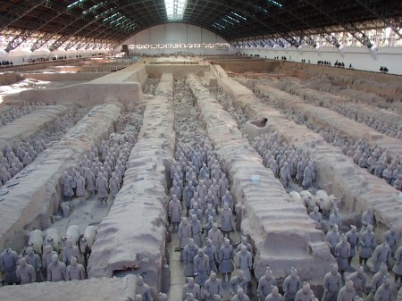 seven columns of ceramic warrior statues