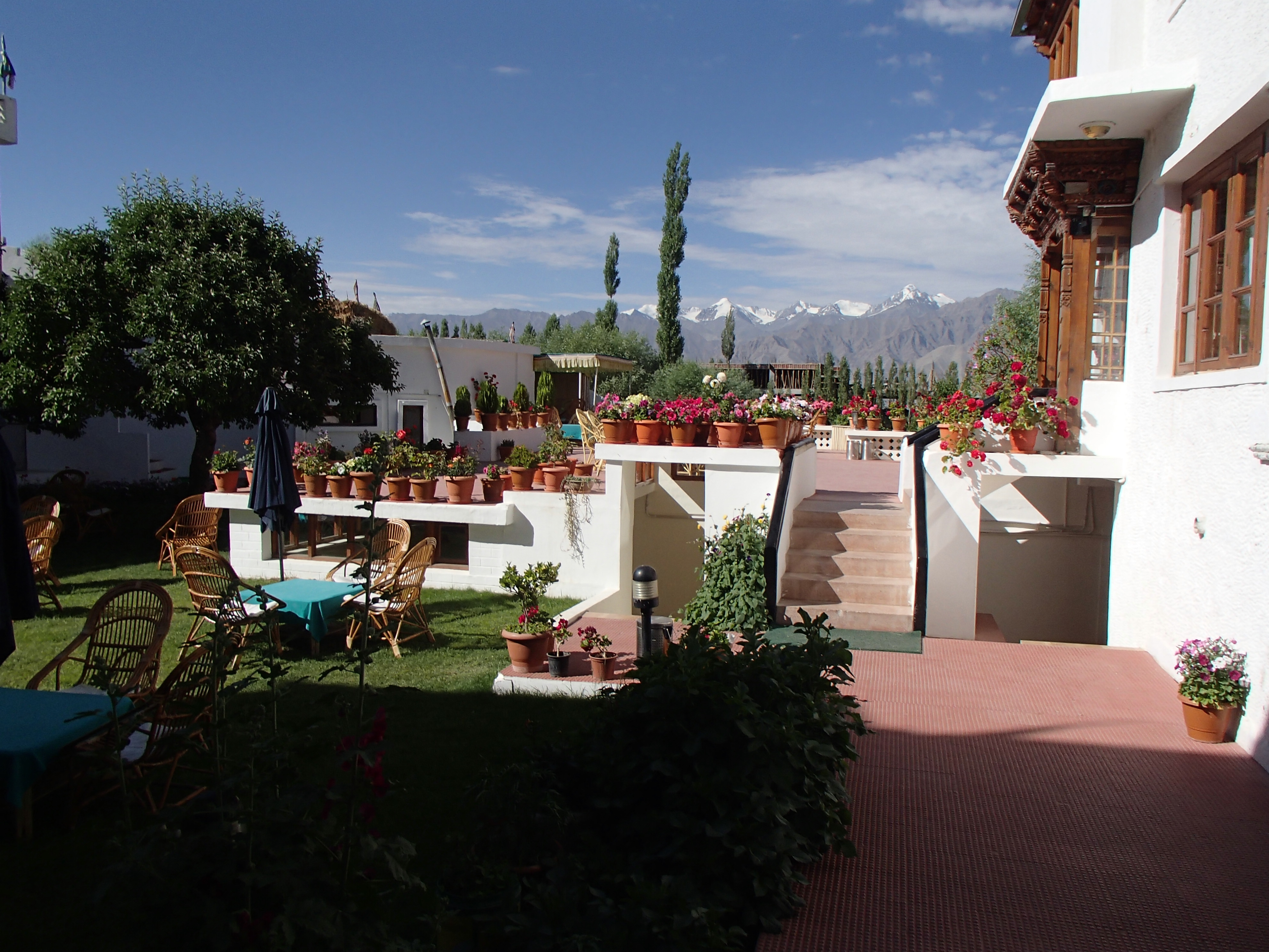 hotel patio with view of the Himalaya mountains