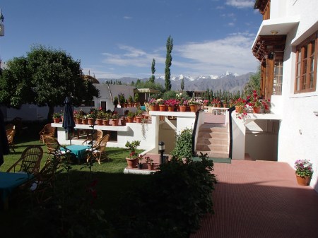 hotel patio with view of the Himalaya mountains