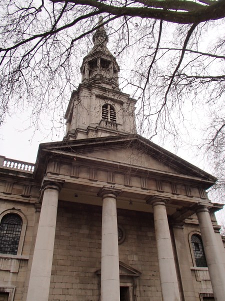neoclassical church colonnade and spire