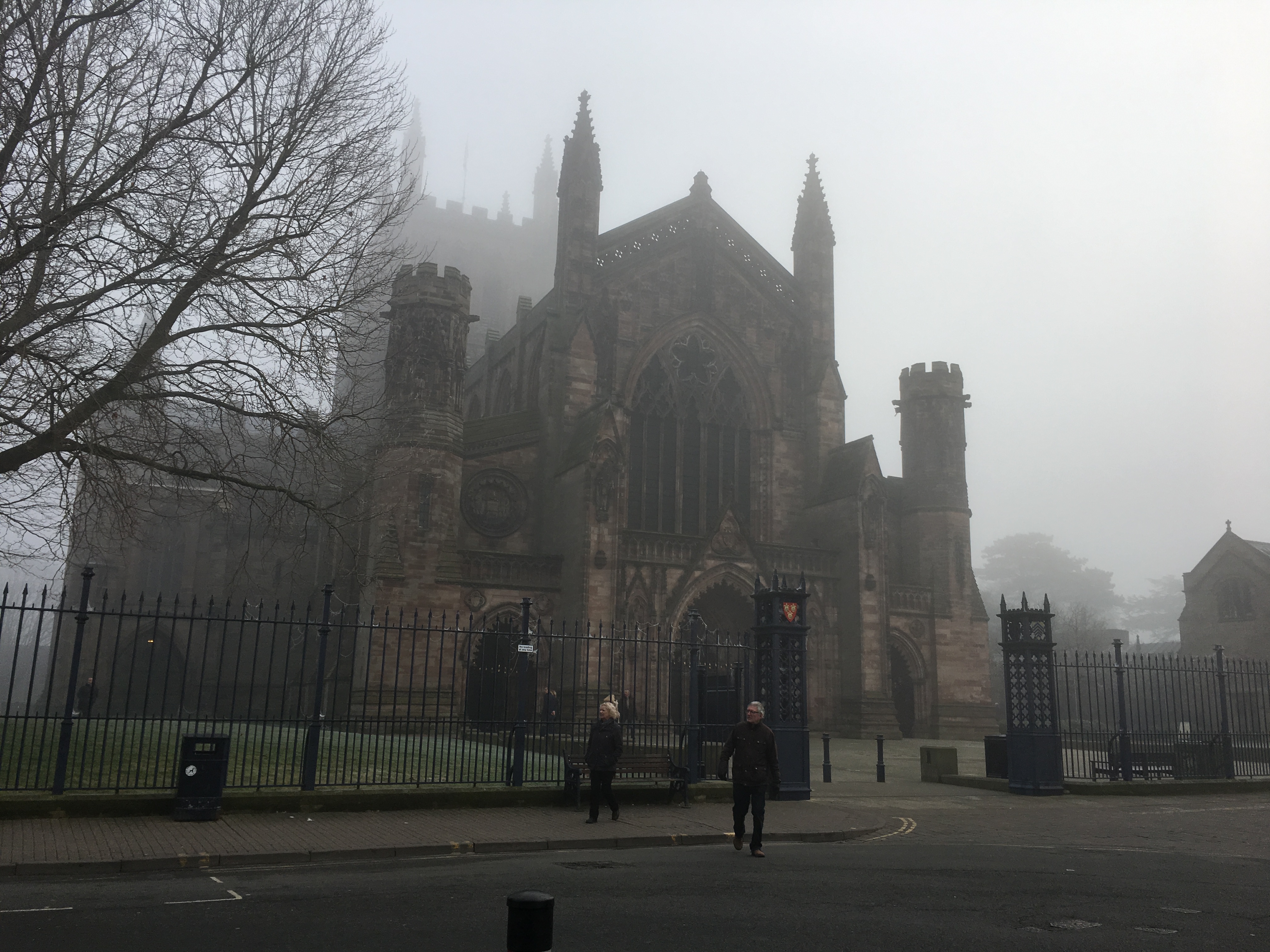 medieval cathedral on a foggy day