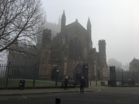 medieval cathedral on a foggy day