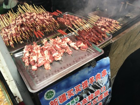 meat on skewers near a coal fired grill