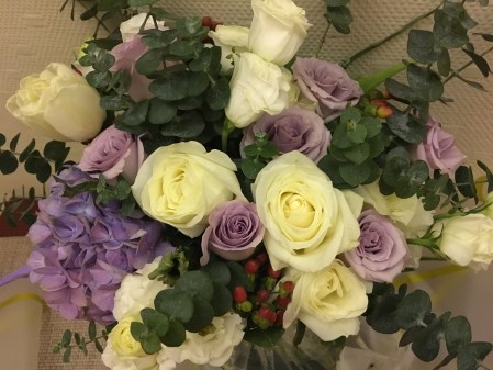 bouquet of white and purple roses