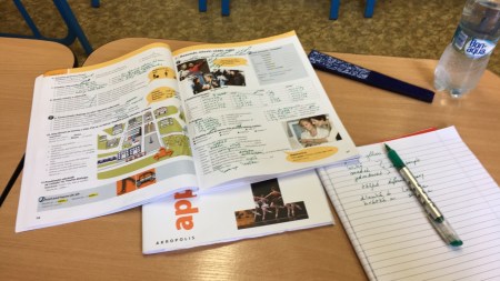 student desk with texts