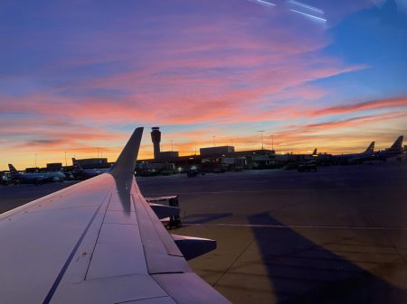 airport scene at sunset